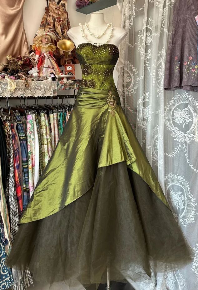 Green Classic A Line Strapless Sequin Lace Satin Prom Dress Graduation Prom Dress DP1991