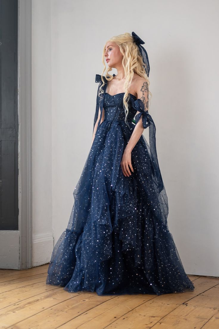 Star Sequin Navy Blue A Line Straps Layered Tulle Date Dress Prom Dress Evening Dress DP3371