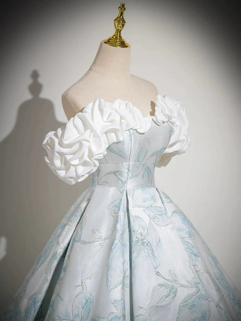 Elegant Blue A Line Off Shoulder Satin Long Prom Dress Ball Gown DP1170