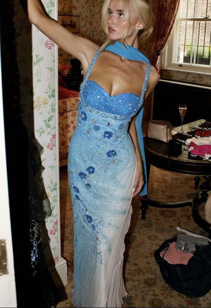 Gorgeous Sheath Strap Beaded Blue Ombre Chiffon Prom Dress Graduation Prom Dress DP2218