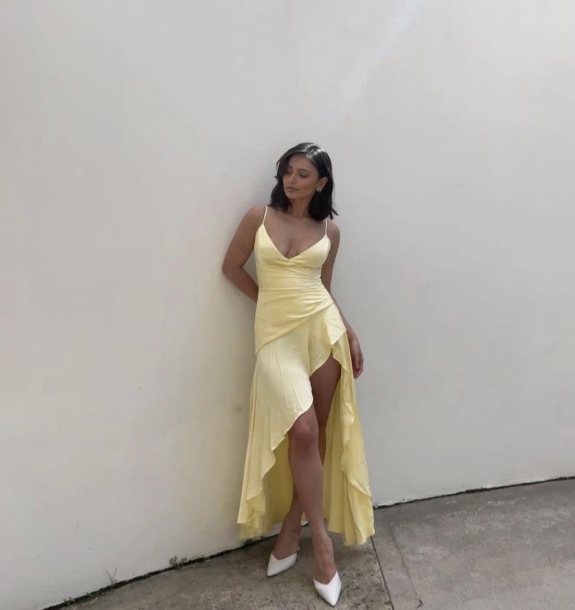 Yellow A Line Spaghetti Strap Ruffle Slit Satin Prom Dress Party Dress Wedding Guest Dress DP3491