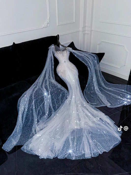 Stunning Mermaid Long Sleeve Rhinestone Sequin Tulle Long Prom Dress Wedding Dress DP2576