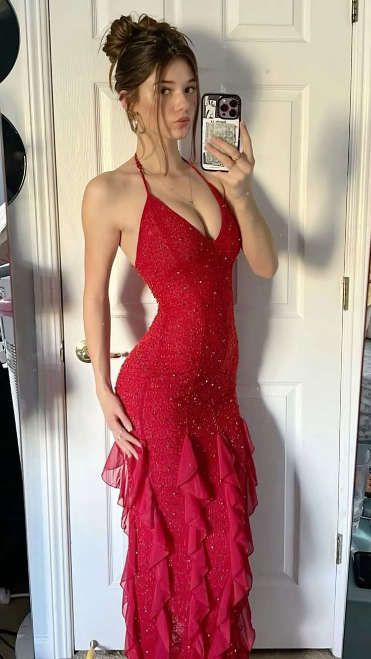 Red Exquisite Beaded Ruffle Flowy Chiffon Formal Party Dress Prom Dress Date Dress DP3003