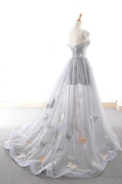 Gray A Line Sweetheart Appliques Tulle Long Prom Dress Evening Dress DP1062