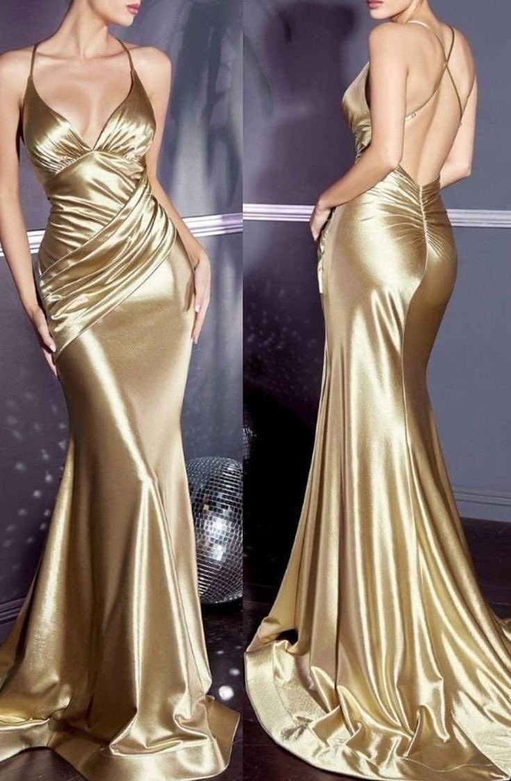 Charming Mermaid Spaghetti Strap Golden Satin Open Back Prom Dress Graduation Prom Dress DP2072