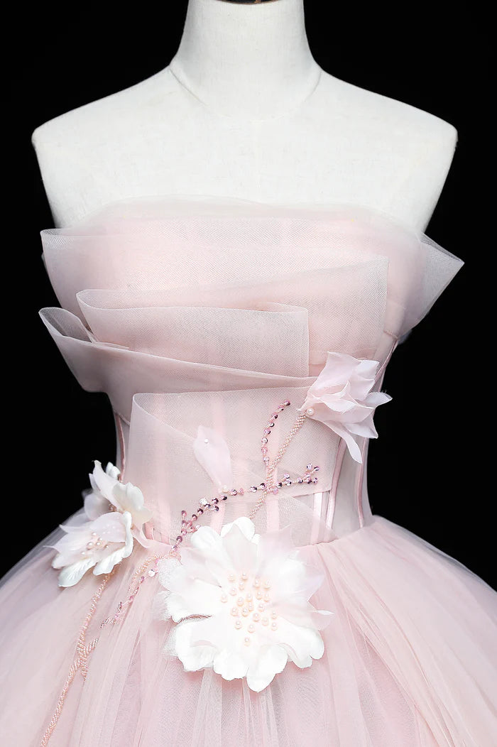 Pink A-Line Ball Gown Strapless Tulle Long Sweet Princess Prom Dresses DP750