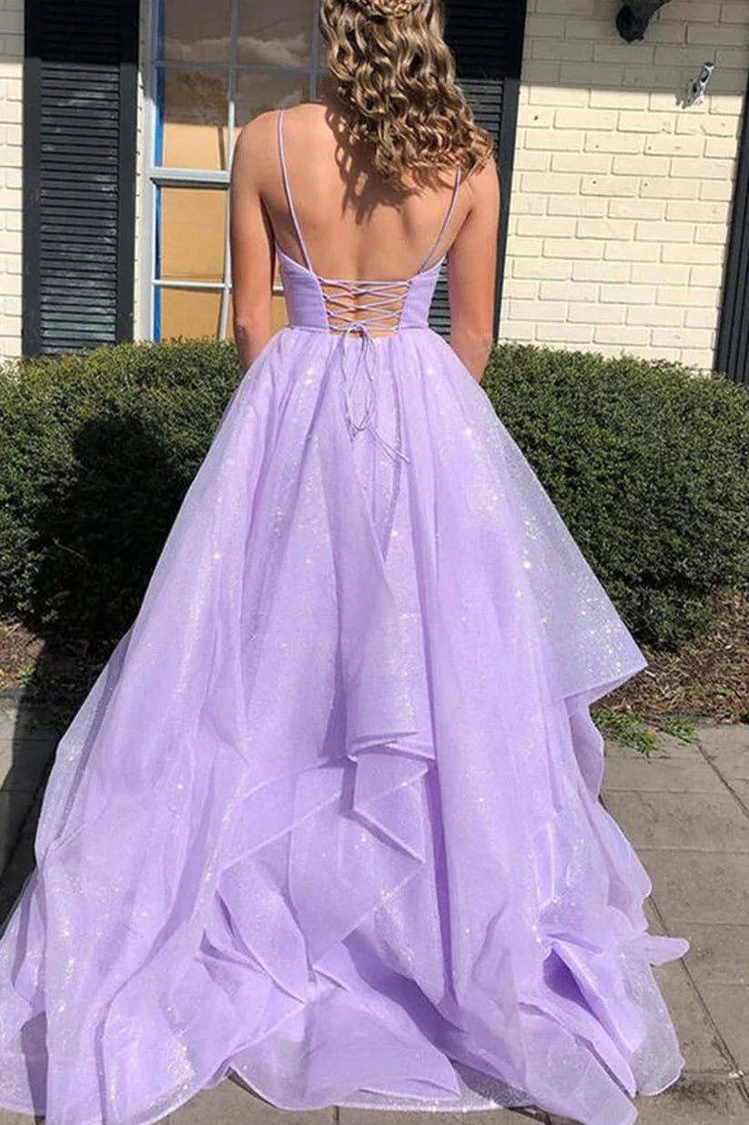 Lavender Spaghetti Straps Tiered Tulle Backless Long Prom Dress DP971