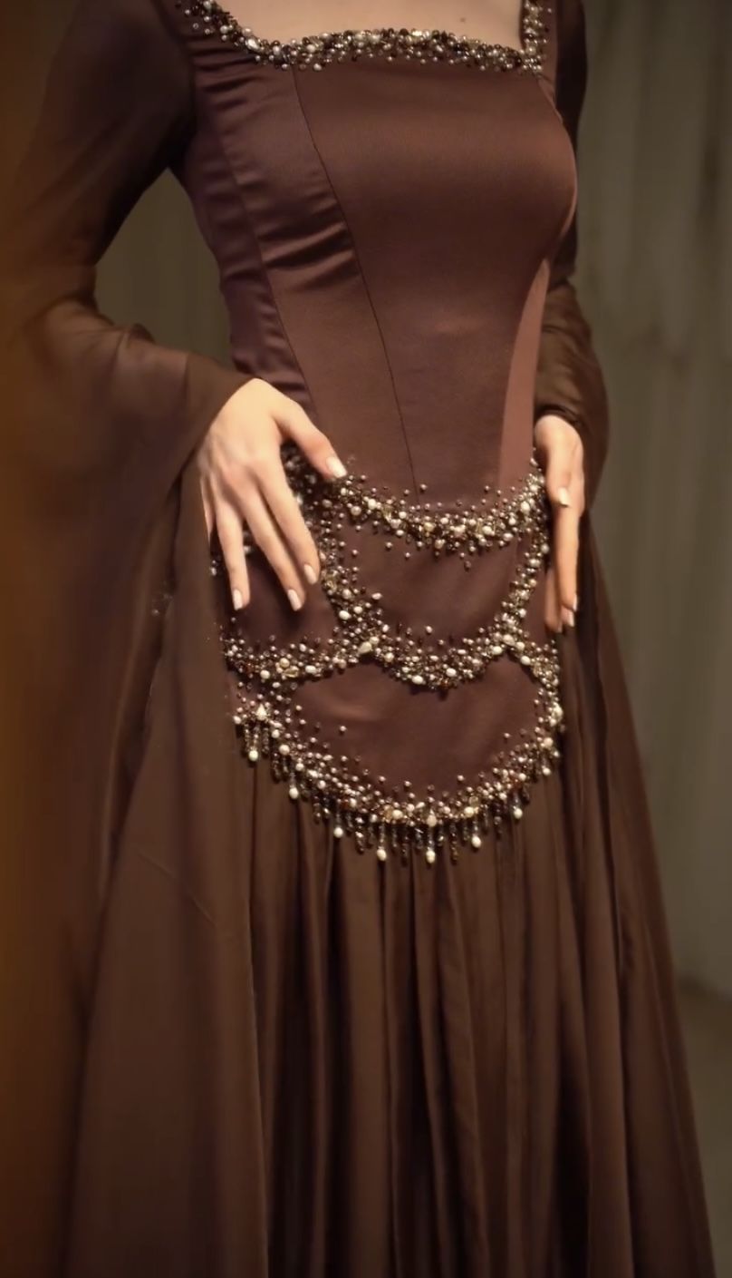 Elegant A Line Long Sleeve Beaded Chiffon Satin Prom Dress DP4798