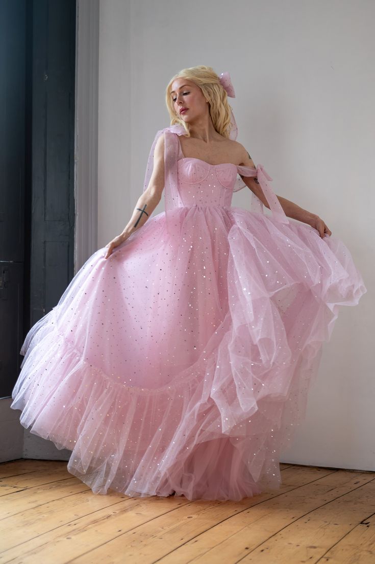 Star Sequin Pink A Line Straps Layered Tulle Date Dress Prom Dress Evening Dress DP3372