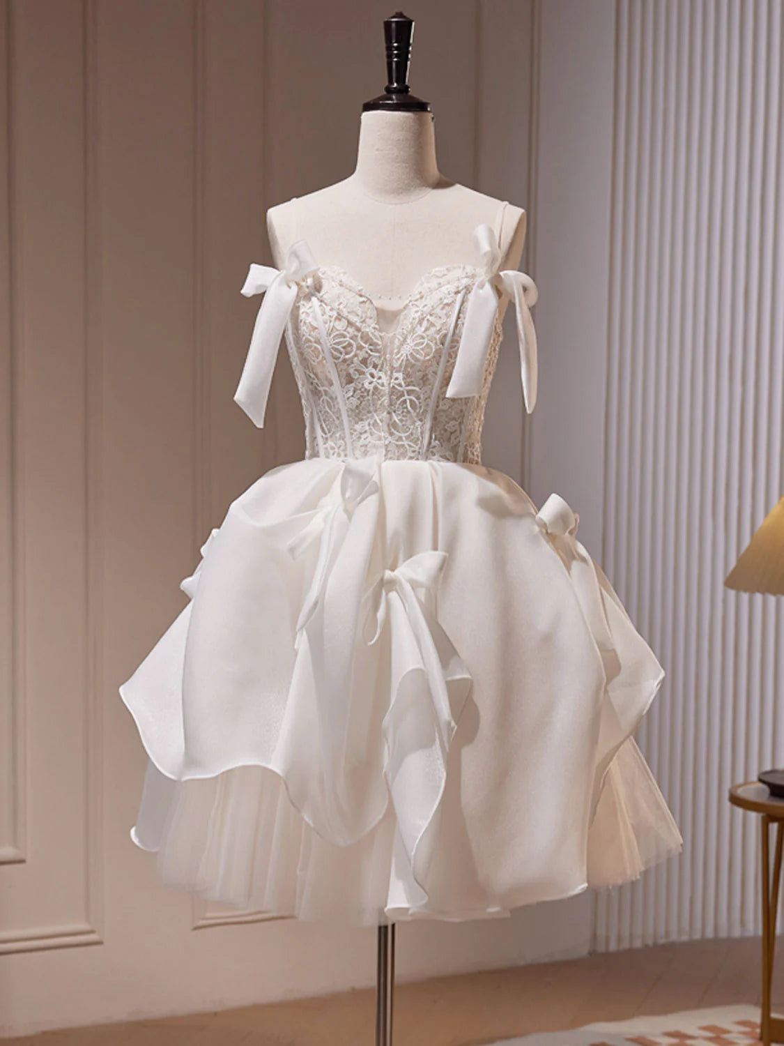 White A Line Bow Satin Tulle Lace Short Homecoming Dress DP1064