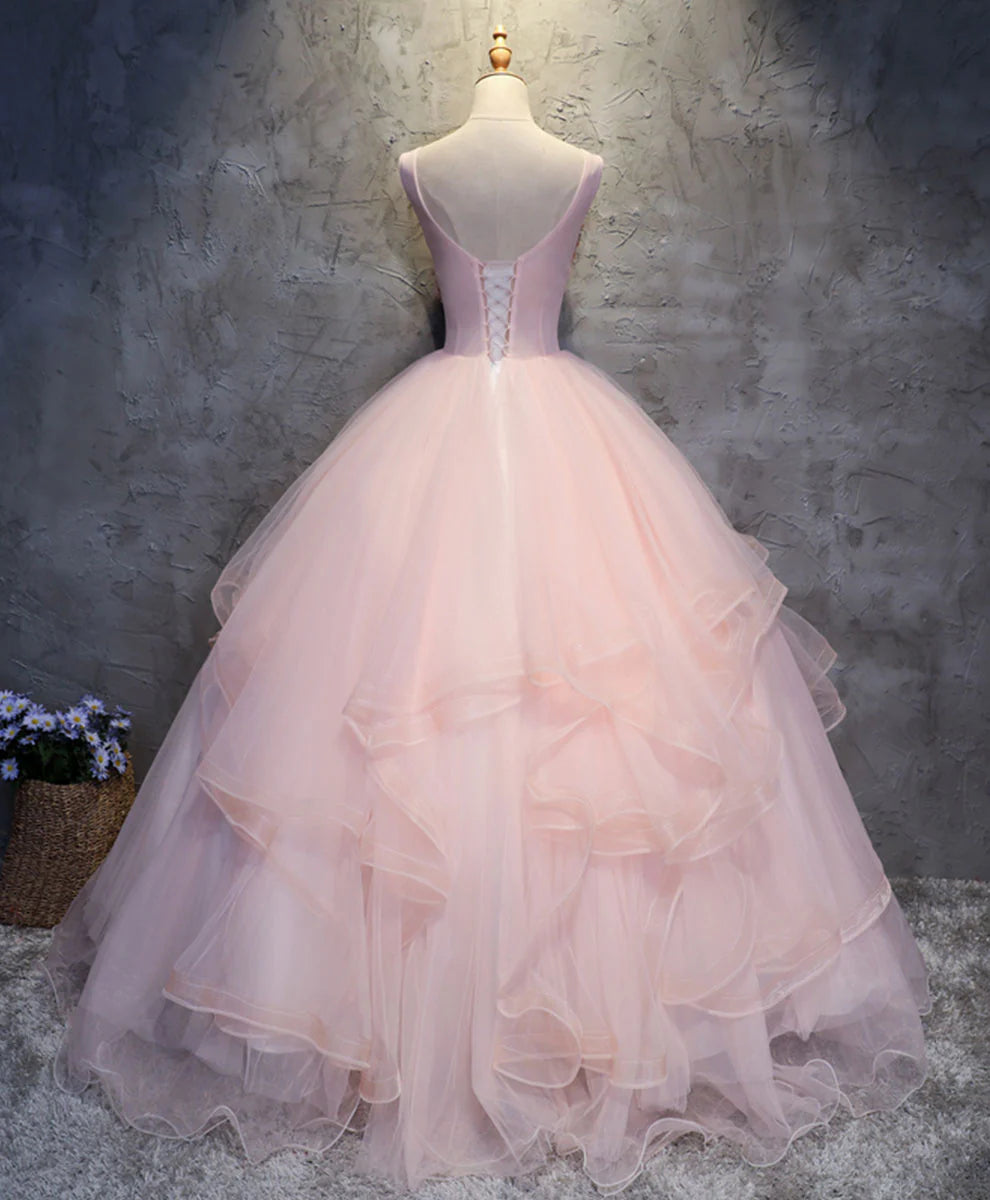 Pink Round Neck Appliques Tulle Lace Long Prom Dress Ball Gown DP1153