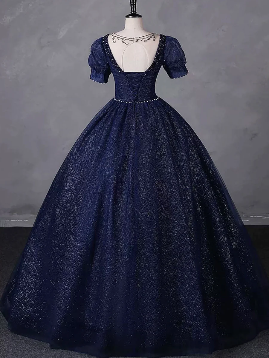 Charming Navy Blue Tulle Beading Long Party Dress Evening Dress Ball Gown DP312