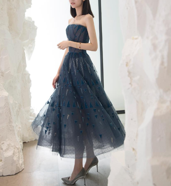 Elegant A Line Strapless Blue Tulle Long Prom Dress Evening Dress DP1537
