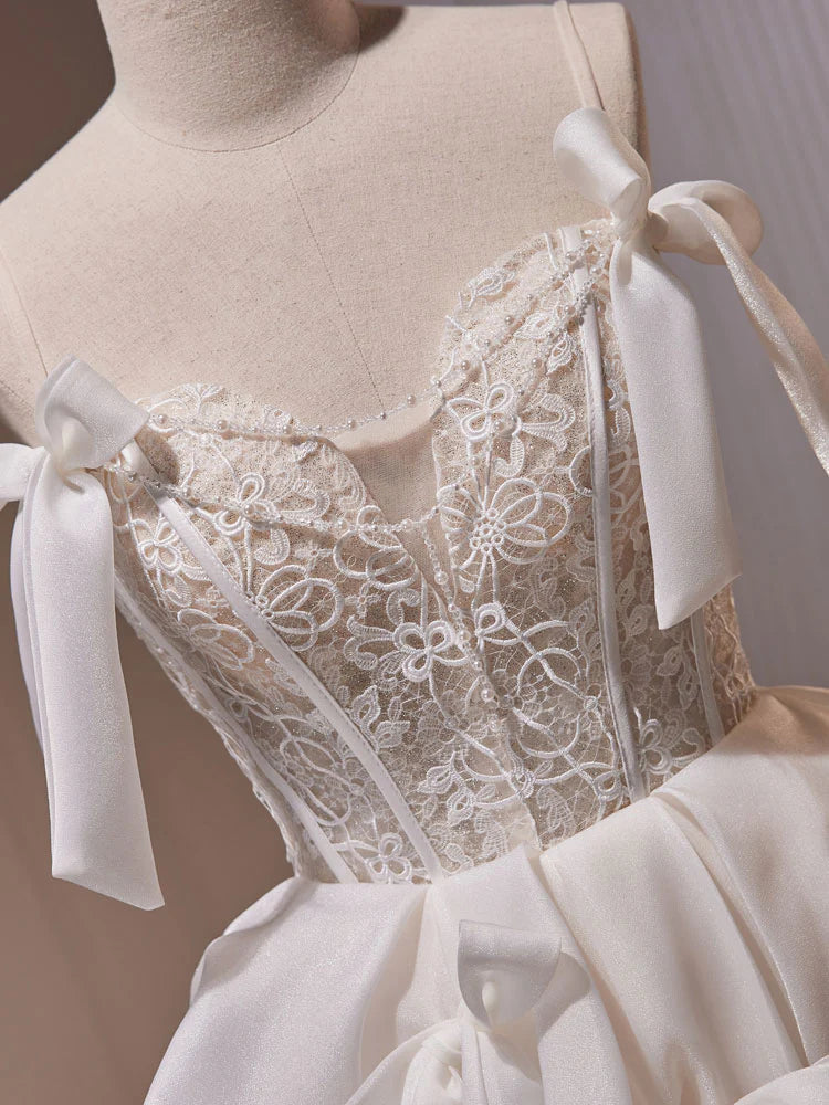 White A Line Bow Satin Tulle Lace Short Homecoming Dress DP1064