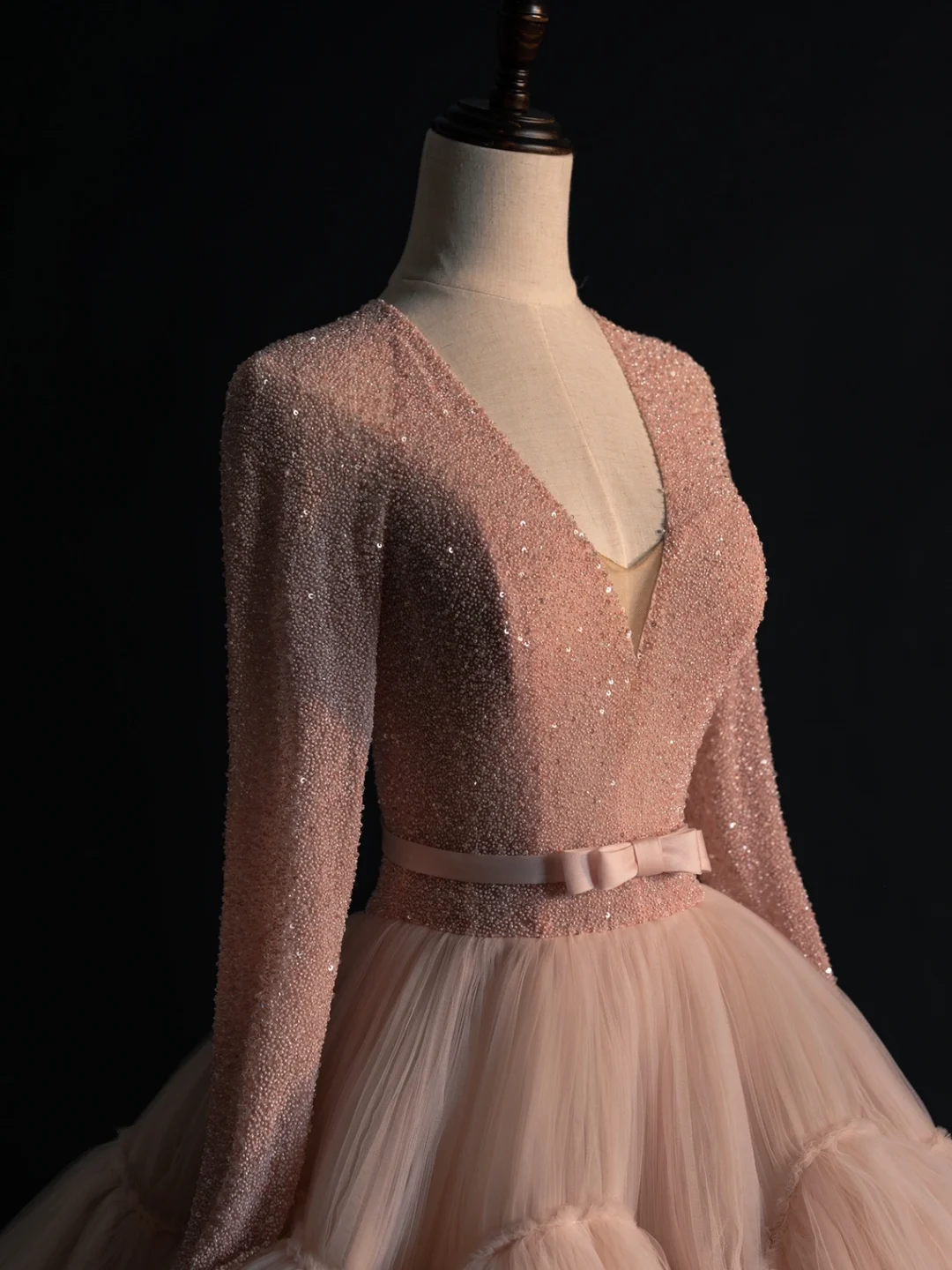 Unique A Line V Neck Long Sleeve Pink Sequin Tulle Prom Dress Evening Dress DP2178