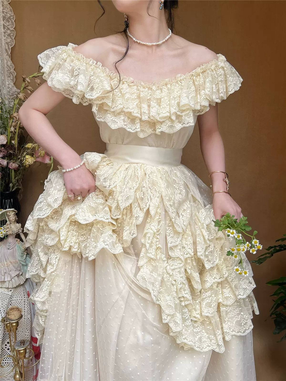 Apricot Ball Gown Off the Shoulder Lace Tulle Long Prom Dress Date Dress DP7027