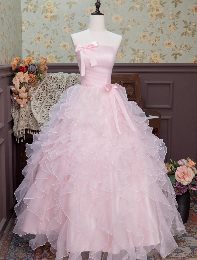 Pink Ball Gown Strapless Ruffle Layered Organza Prom Dress 16th Birthday Dress DP3563