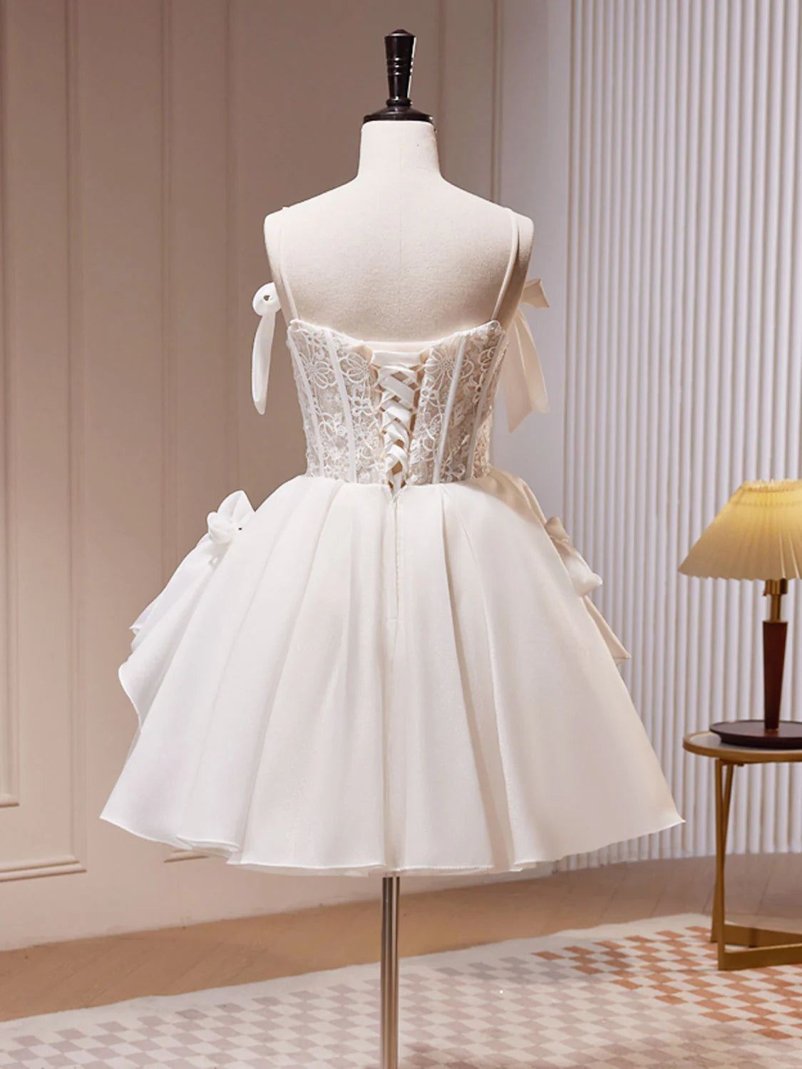 White A Line Bow Satin Tulle Lace Short Homecoming Dress DP1064