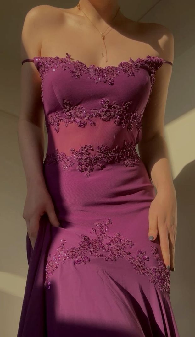 Purple Mermaid Spaghetti Straps Appliques Beaded Chiffon Prom Dress Date Dress DP3990