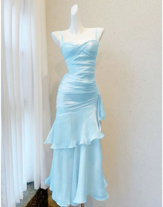 Baby Blue Mermaid Spaghetti Strap Layered Satin Outfits Dress Party Dress DP2580