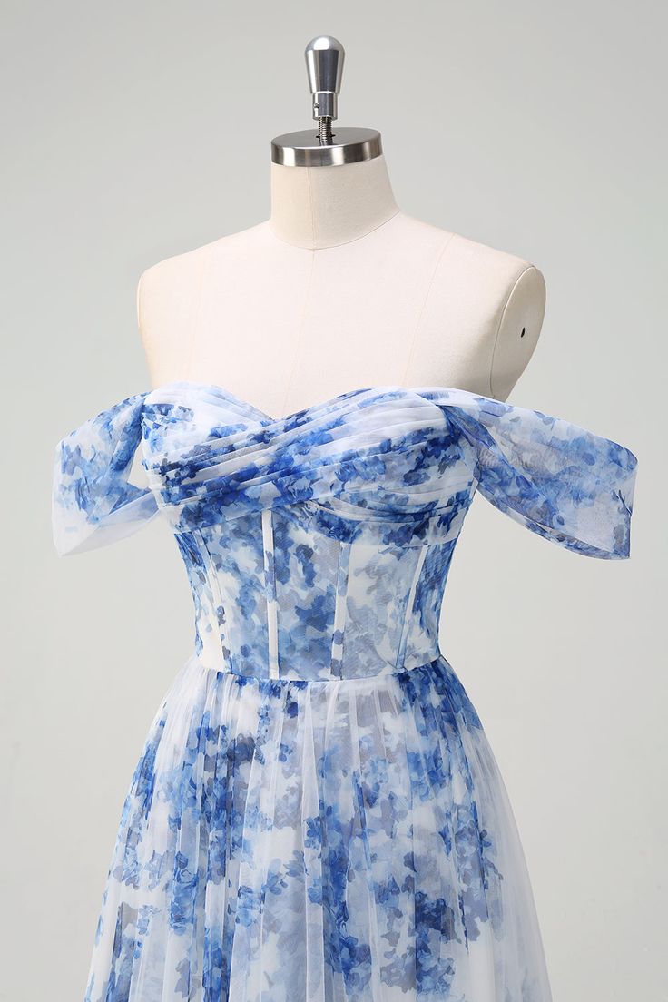 Blue Flower A Line Off the Shoulder Chiffon Long Prom Dress with Slit DP1318