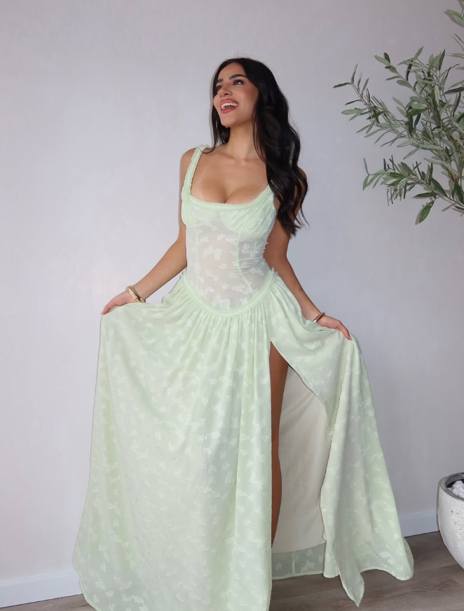 Cute A Line Straps Light Green Satin Long Prom Dress Graduation Prom Dress with Slit DP2230