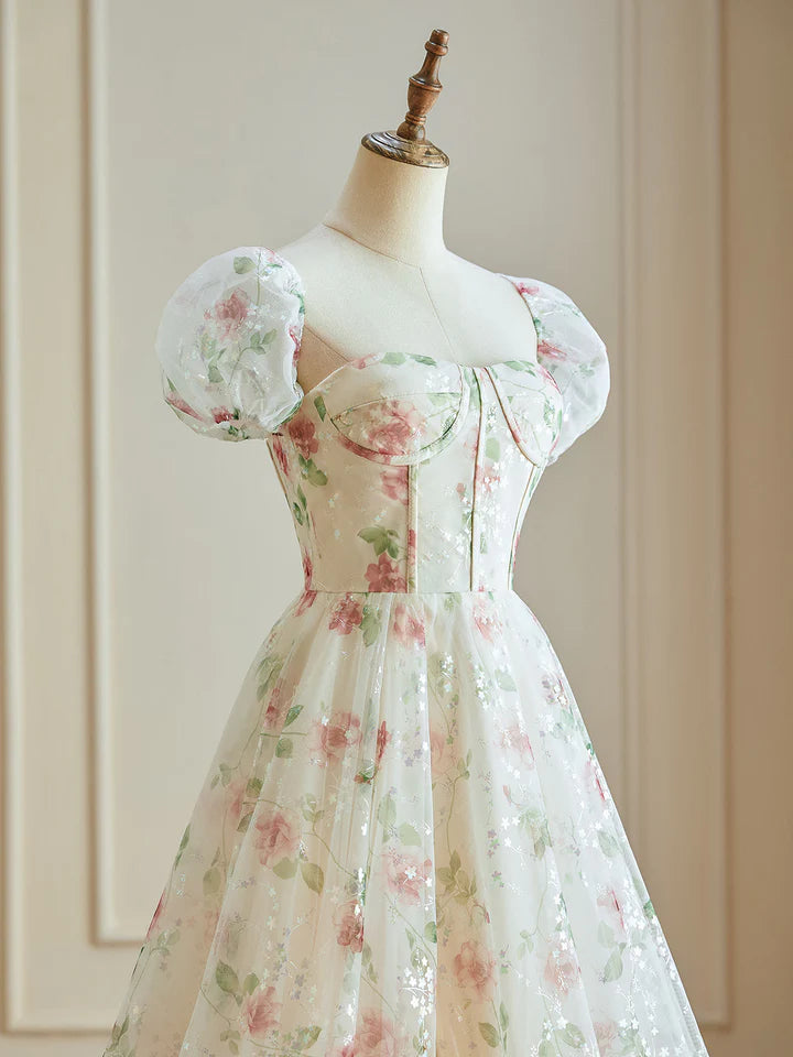 A Line Cap Sleeve Sweetheart Lace Tulle Floor Length Floral Prom Dresses With Flowers DP1115