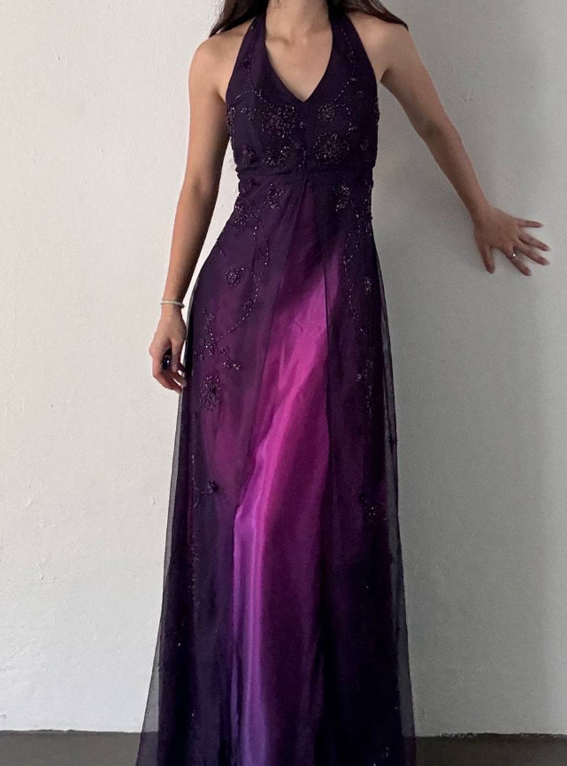Charming A Line Halter Beaded Flower Purple Tulle Satin Prom Dress Evening Dress DP2233