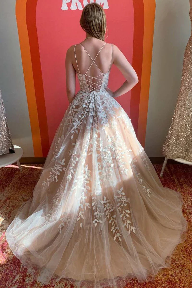 A Line Straps Appliques Nude Pink Tulle Long Prom Gown Evening Dress DP1132
