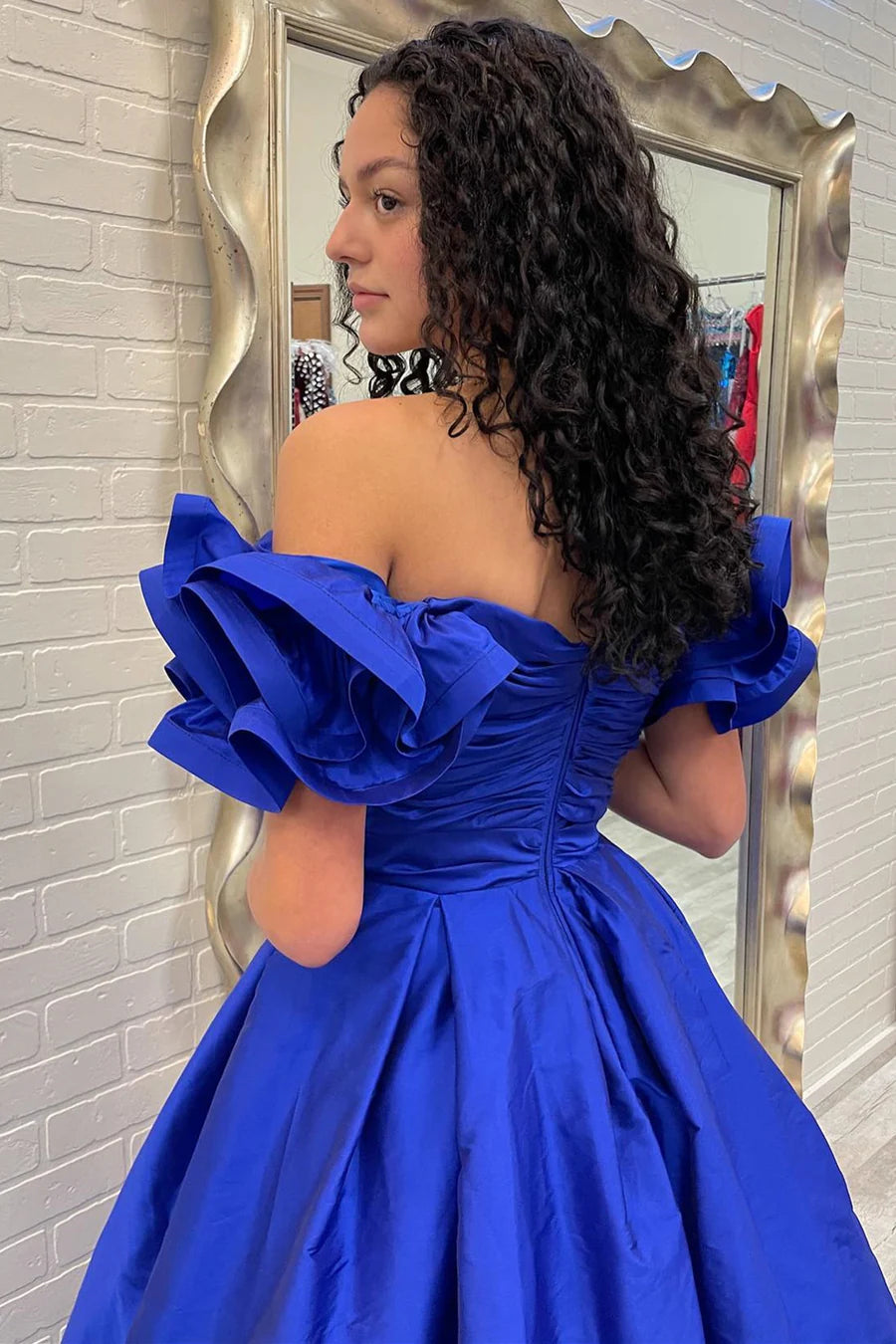 A Line Off-the-Shoulder Blue Satin Prom Gown Evening Dress DP1121