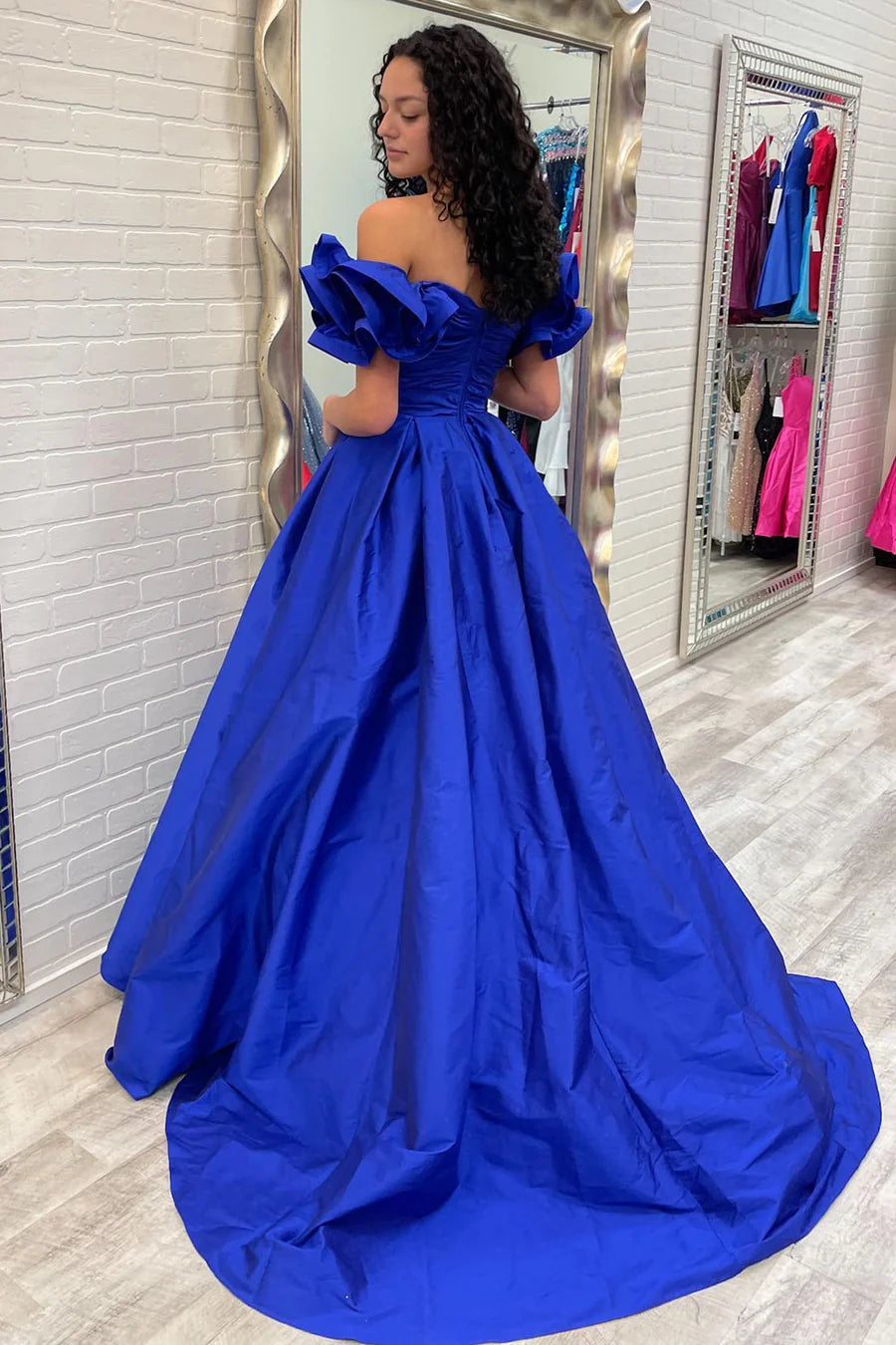 A Line Off-the-Shoulder Blue Satin Prom Gown Evening Dress DP1121