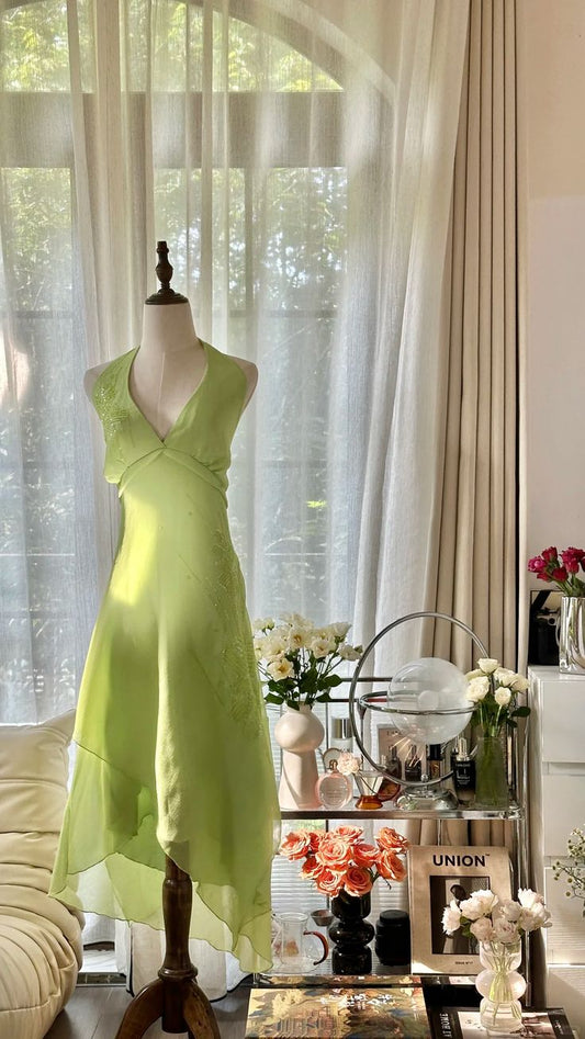 Cute A Line Halter Beaded Green Chiffon Open Back Party Dress Evening Dress DP2336