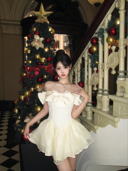 Champagne A Line Off the Shoulder Bow Organza Satin Mini Homecoming Dress Birthday Dress DP2616