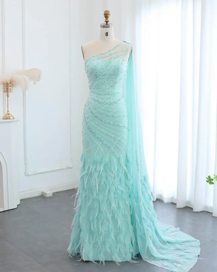 Luxurious Sheath One Shoulder Beaded Feather Long Prom Dress Evening Dress DP1494