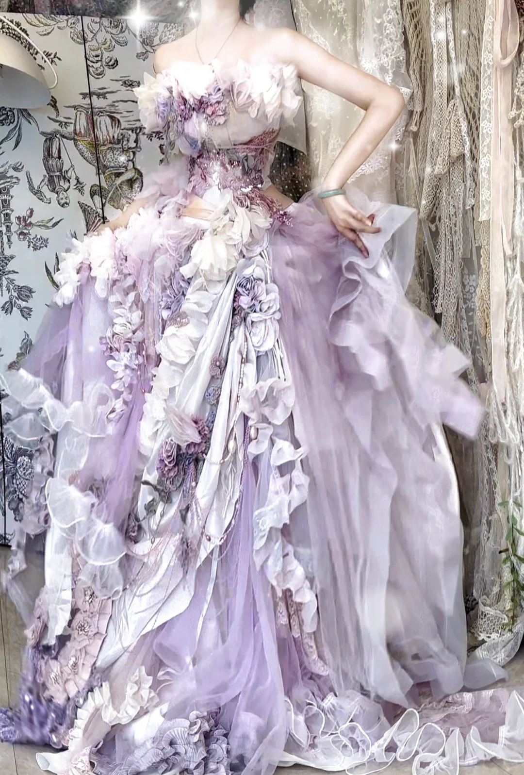 Purple Ball Gown Strapless Exquisite Floral Tulle Prom Dress 18th Birthday Dress DP4146