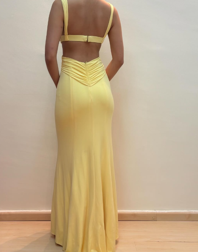 Elegant Sheath Strap Yellow Satin Open Back Prom Dress Evening Dress DP1644