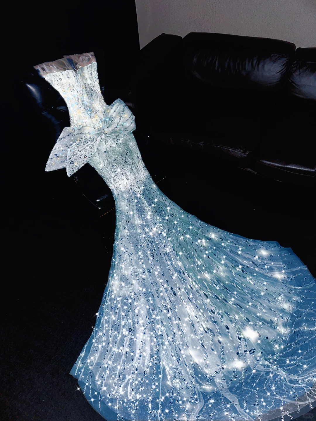 Shiny Mermaid Sequin Tulle Long Sweep Prom Dress Evening Dress with Bow DP2692