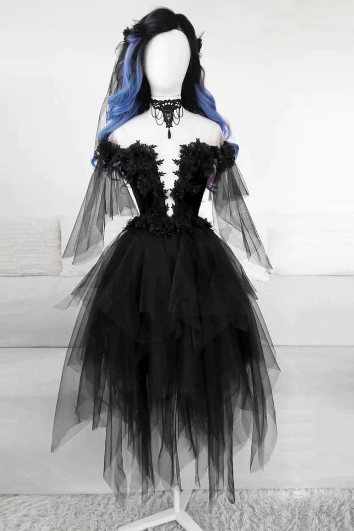 Unique Black Off The Shoulder Layered Tulle Homecoming Dress Short Prom Dress DP054