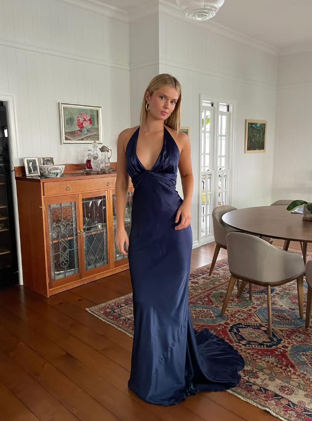 Navy Blue Sheath V Neck Satin Open Back Long Sweep Prom Dress Graduation Prom Dress DP2166