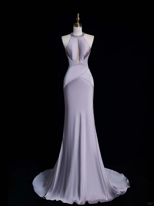 Gentle Mermaid Halter Purple Satin Open Back Long Prom Dress Evening Dress DP2132