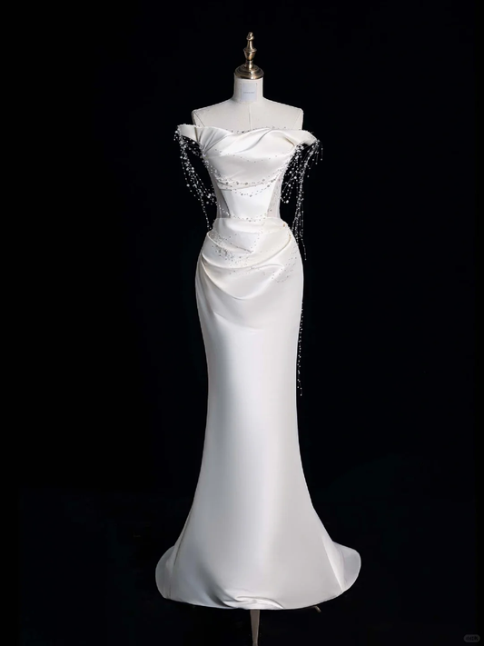 2025 New Mermaid Off the Shoulder Pearl White Satin Long Prom Dress Graduation Prom Dress DP2051