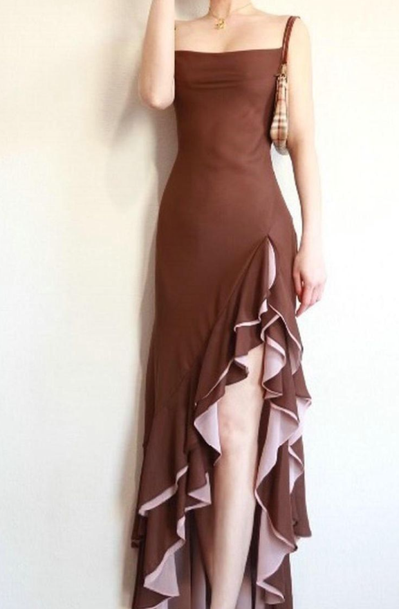 Vintage Brown Sheath Spaghetti Strap Ruffle Chiffon Long Prom Dress Evening Dress DP7473