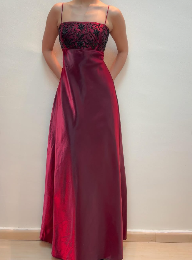 Sparkle A Line Spaghetti Strap Beaded Burgundy Satin Prom Dress Evening Dress DP1761