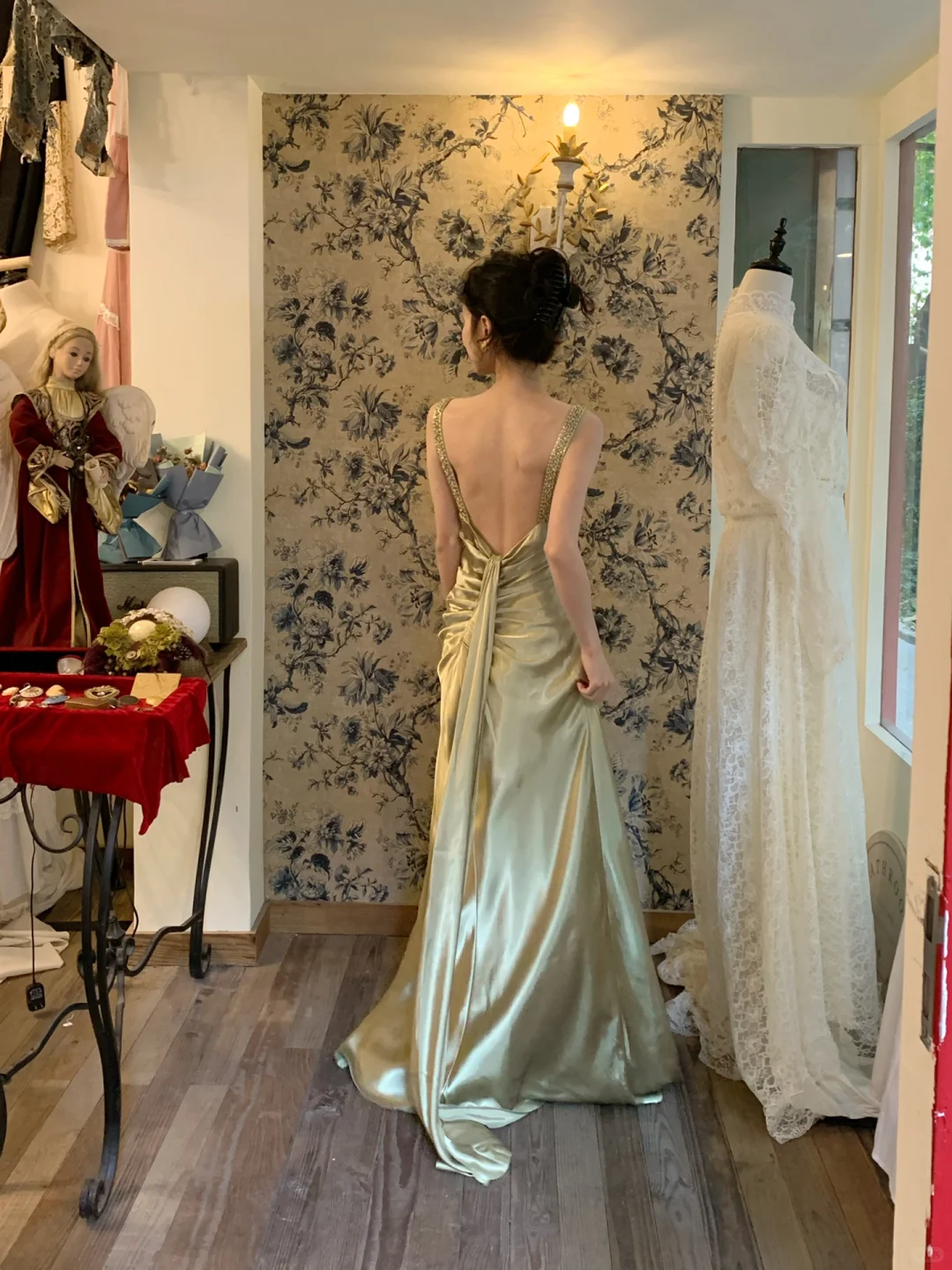 Vintage Green A Line V Neck Beaded Satin Prom Dress Evening Dress DP4004