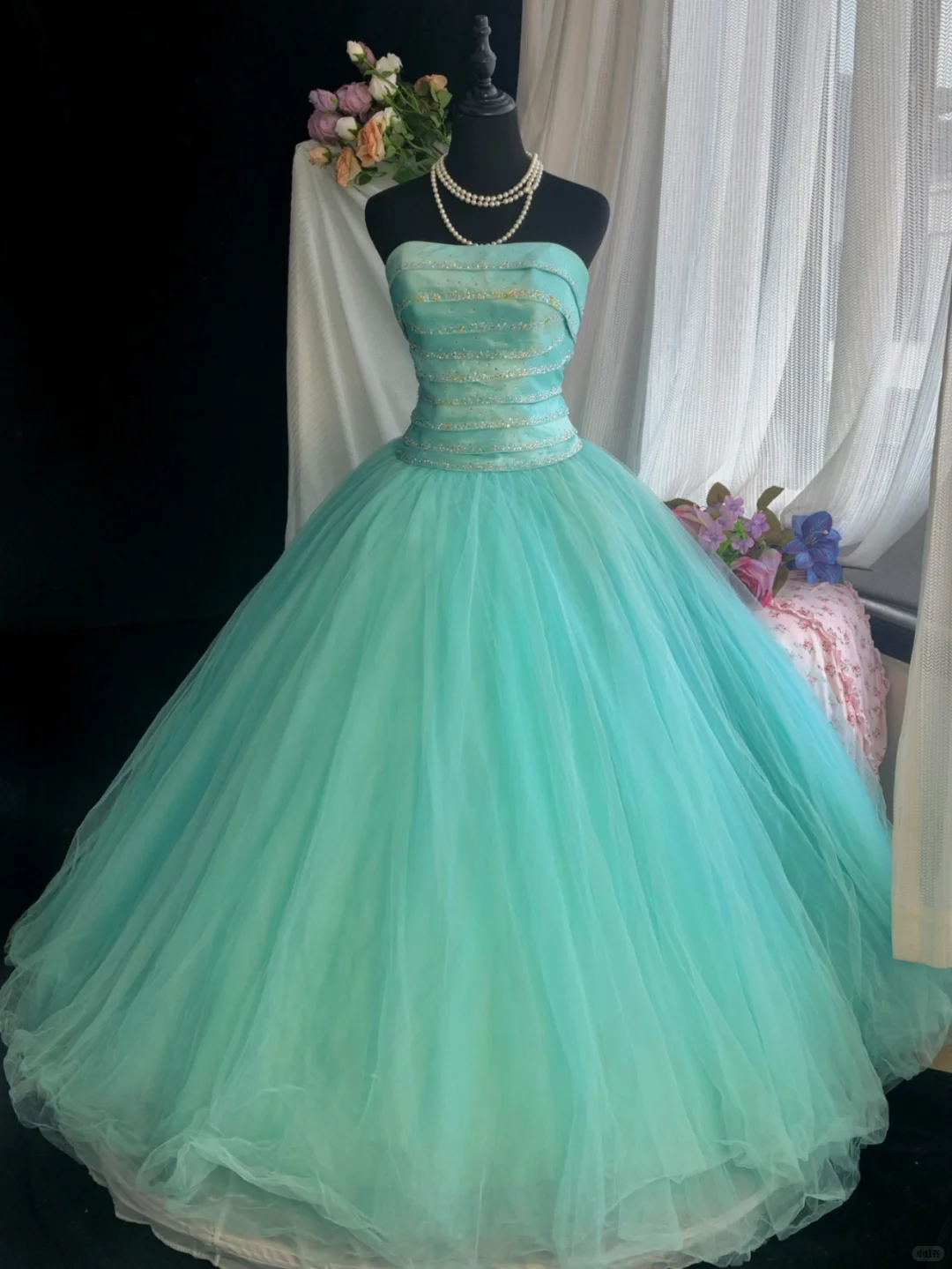 Vintage Ball Gown Strapless Beaded Layered Blue Tulle Satin Prom Dress 18th Birthday Dress DP4153