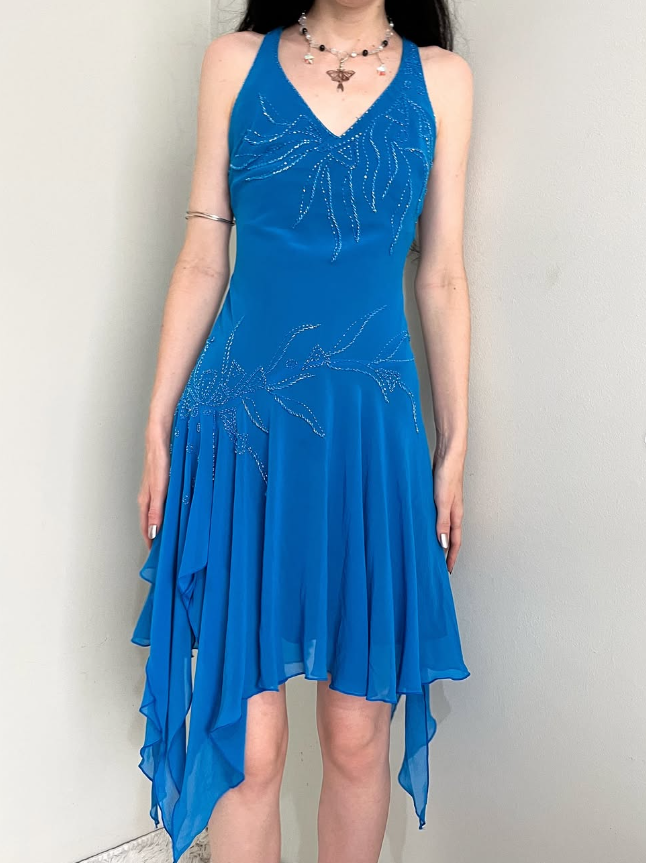 Cute Vintage A Line Spaghetti Strap Beaded Blue Chiffon Prom Dress Graduation Prom Dress DP2156