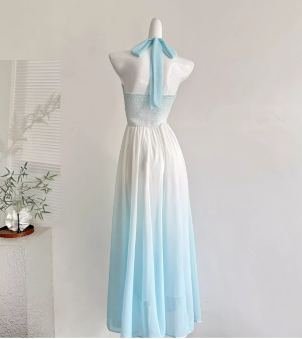 Blue Ombre A Line Halter Appliques Chiffon Vacation Dress Prom Dress Outfits DP3552