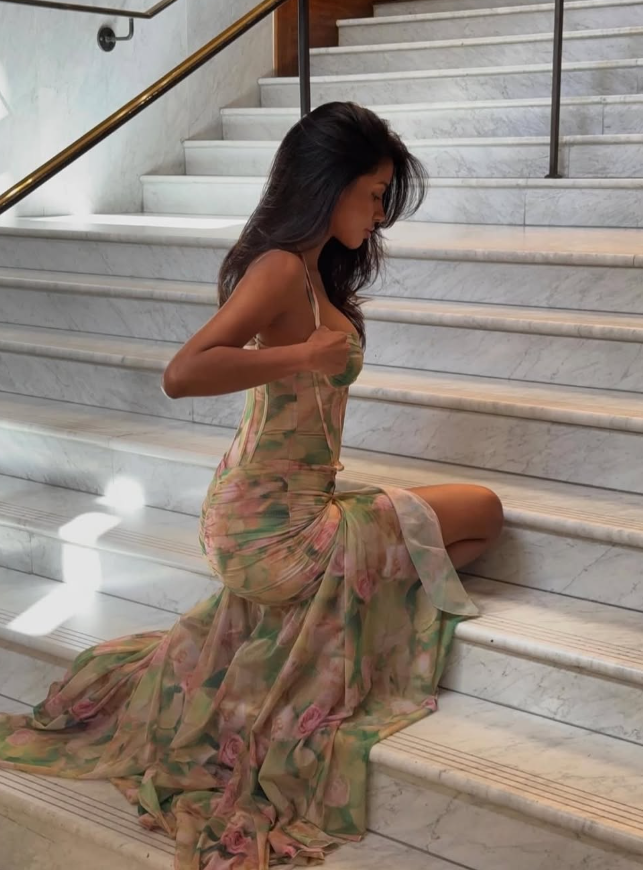 Flowy Print Flower Mermaid Spaghetti Strap Chiffon Prom Dress Evening Dress with Slit DP3134