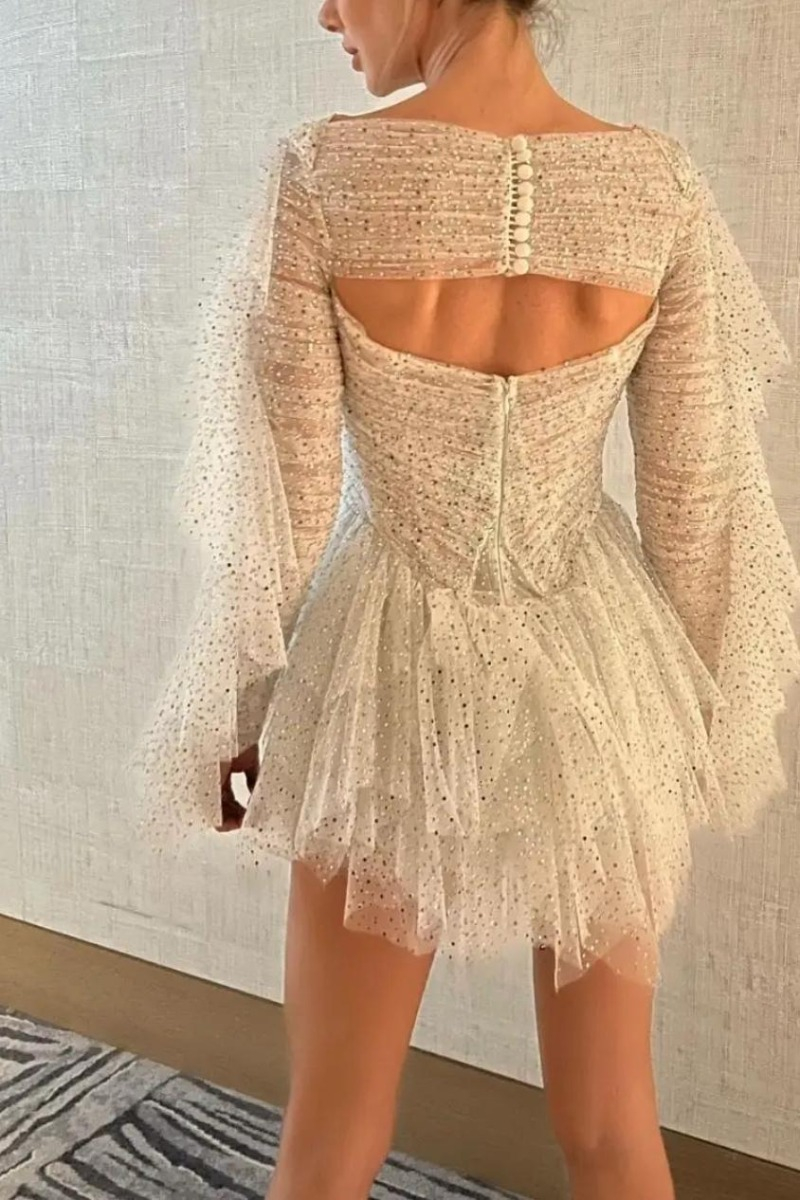 Shiny Silver Sequin A Line Long Sleeve Beaded Tulle Homecoming Dress Cocktail Dress DP3165