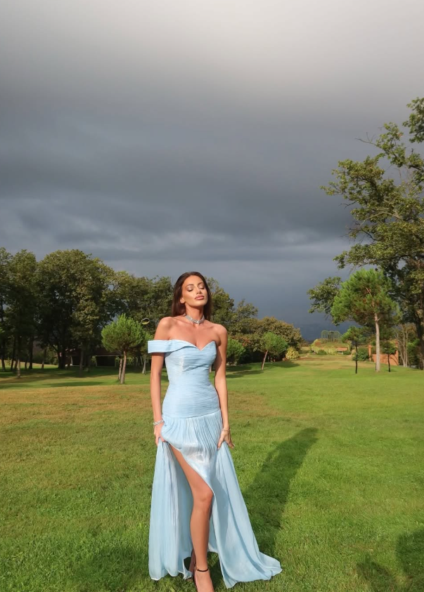 Gentle Blue A Line Off the Shoulder Satin Long Prom Dress with Slit DP4369